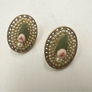 1928 Pink Porcelain Rose Earrings with Faux Pearls Cottagecore Vintage